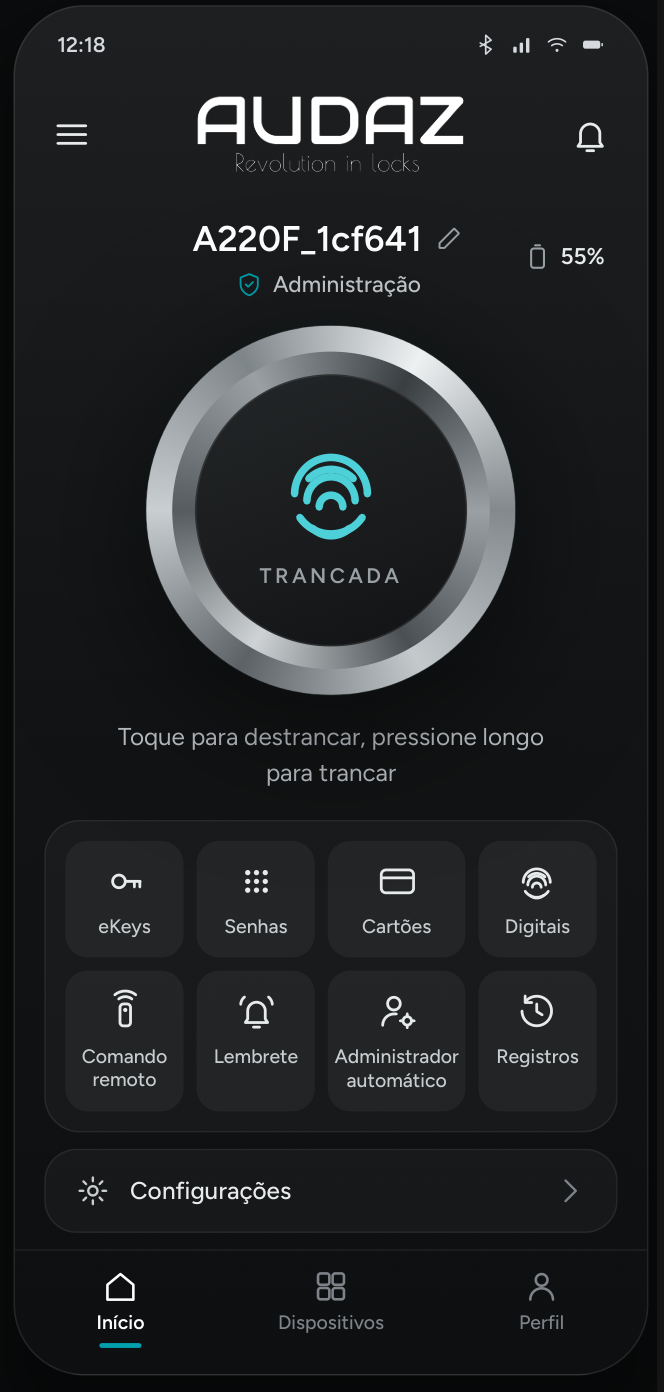 Tela da fechadura no app AUDAZ