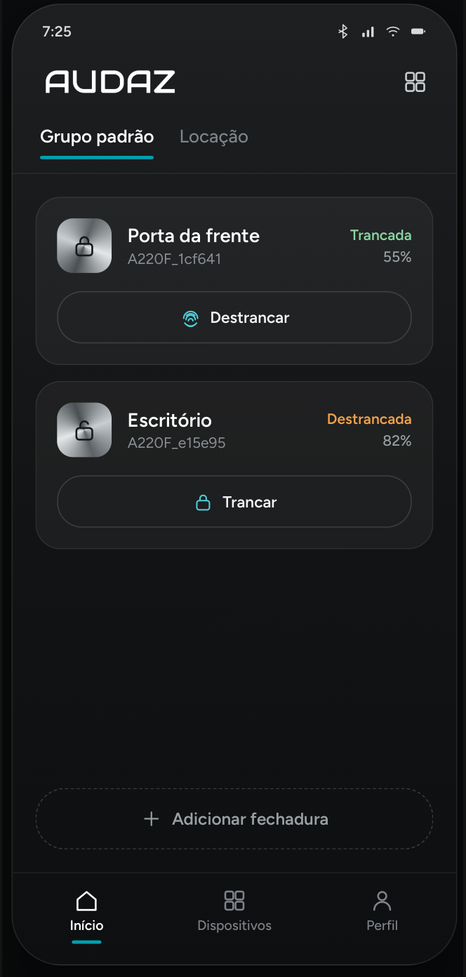Lista de fechaduras no app AUDAZ
